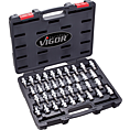 VIGOR Sada nástrčných hlavic ∙ V2496 ∙ 1/2 palce (12,5 mm) čtyřhran dutý ∙ Vnitřní profil TORX®, Vnitřní drážkový profil Ribe-CV, Profil vnitřní šestihran, Vnitřní ozubený profil XZN ∙ 36-dílný ∙ 5 – 19 · M5 – M16 · T20 – T70 ∙ Počet ks nářadí: 36