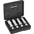 VIGOR Sada nástrčných klíčů na zapalovací svíčky ∙ V7002/4 ∙ 3/8 palce (10 mm) čtyřhran dutý ∙ Vnější dvojitý šestihran profil ∙ 4-dílný ∙ 14 ∙ 16 ∙ 18 ∙ 20,8 ∙ Počet ks nářadí: 4