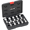 VIGOR Sada kloubových nástrčných klíčů ∙ V7513 ∙ 3/8 palce (10 mm) čtyřhran dutý ∙ Vnější dvojitý šestihran profil ∙ 10-dílný ∙ 10 – 19 mm ∙ Počet ks nářadí: 10