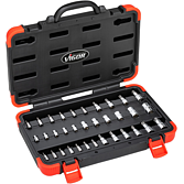 VIGOR Sada T nástrčných hlavic ∙ V1781N ∙ 1/4 palce (6,3 mm) čtyřhran dutý, 3/8 palce (10 mm) čtyřhran dutý, 1/2 palce (12,5 mm) čtyřhran dutý ∙ 34-dílný ∙ E4 – E20 ∙ T8 – T60 ∙ T9H – T55H ∙ Počet ks nářadí: 34