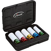 VIGOR Sada nástrčných hlavic pro rázové utahováky ∙ V2257 ∙ 1/2 palce (12,5 mm) čtyřhran dutý ∙ Profil vnější šestihran ∙ 5-dílný ∙ 15 – 22 ∙ Počet ks nářadí: 5