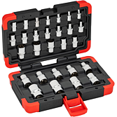 VIGOR Sada T nástrčných hlavic ∙ V2687N ∙ 1/4 palce (6,3 mm) čtyřhran dutý, 3/8 palce (10 mm) čtyřhran dutý, 1/2 palce (12,5 mm) čtyřhran dutý ∙ 28-dílný ∙ E4 – E24 ∙ Počet ks nářadí: 28