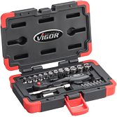 VIGOR Sada nástrčných klíčů ∙ V3734N ∙ 1/4 palce (6,3 mm) čtyřhran dutý ∙ Profil vnější šestihran, Vnitřní profil TORX®, Profil vnitřní šestihran, Křížový profil PH, Profil Pozidriv PZ, Plochý profil ∙ 23-dílný ∙ 4 – 13 ∙ Počet ks nářadí: 23