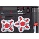 VIGOR Sada vylisovacích přípravků pro poloosy s 22 tunovým tlačným a tažným hydraulickým válcem ve vložce z měkké pěny ∙ V4904 ∙ 12-dílný ∙ Počet ks nářadí: 12