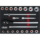 VIGOR Sada nástrčných klíčů ∙ V5109 ∙ 3/4 palce (20 mm) čtyřhran dutý ∙ Profil vnější šestihran ∙ 21-dílný ∙ 19 – 50 ∙ Počet ks nářadí: 21