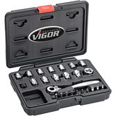 VIGOR Sada nástrčných klíčů ∙ superplochých ∙ V5202 ∙ 1/4 palce (6,3 mm) čtyřhran dutý ∙ Profil vnější šestihran ∙ 25-dílný ∙ 4 – 14 ∙ Počet ks nářadí: 25