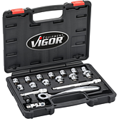VIGOR Sada n&aacute;strčn&yacute;ch kl&iacute;čů ∙ superploch&yacute;ch ∙ V6202 ∙ 3/8 palce (10 mm) čtyřhran dut&yacute; ∙ Profil vněj&scaron;&iacute; &scaron;estihran ∙ 18-d&iacute;ln&yacute; ∙ 8&nbsp;&ndash;&nbsp;22 ∙ Počet ks n&aacute;řad&iacute;: 18