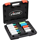 VIGOR Sada nástrčných hlavic pro rázové utahováky ∙ V6312/10 ∙ 1/2 palce (12,5 mm) čtyřhran dutý ∙ Profil vnější šestihran, Speciální profil hybrid na šrouby kol ∙ 10-dílný ∙ 15 – 22,2 mm ∙ Počet ks nářadí: 10