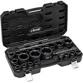 VIGOR Sada n&aacute;strčn&yacute;ch kl&iacute;čů pro r&aacute;zov&eacute; utahov&aacute;ky ∙ V6521 ∙ 3/4 palce (20 mm) čtyřhran dut&yacute;, 1 palec (25 mm) čtyřhran dut&yacute; ∙ Profil vněj&scaron;&iacute; &scaron;estihran ∙ 24-d&iacute;ln&yacute; ∙ 21 &ndash; 65 mm ∙ Počet ks n&aacute;řad&iacute;: 24