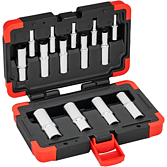 VIGOR Sada T nástrčných hlavic ∙ V7014 ∙ 1/4 palce (6,3 mm) čtyřhran dutý, 3/8 palce (10 mm) čtyřhran dutý, 1/2 palce (12,5 mm) čtyřhran dutý ∙ Vnější profil TORX® ∙ 14-dílný ∙ E4 – E24 ∙ Počet ks nářadí: 14