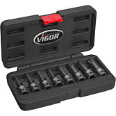 VIGOR T rázový utahovák sada nástrčných hlavic ∙ V7017 ∙ 1/2 palce (12,5 mm) čtyřhran dutý ∙ Vnitřní profil TORX® ∙ 8-dílný ∙ T30 – T80 ∙ Počet ks nářadí: 8