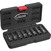 VIGOR Rázový utahovák (vnitřní šestihran) sada nástrčných hlavic ∙ V7019 ∙ 1/2 palce (12,5 mm) čtyřhran dutý ∙ Profil vnitřní šestihran ∙ 8-dílný ∙ 5 – 19 ∙ Počet ks nářadí: 8