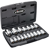 VIGOR Sada nástrčných hlavic s dvojitým šestihranem ∙ V7512/17 ∙ 1/2 palce (12,5 mm) čtyřhran dutý ∙ Vnější dvojitý šestihran profil ∙ 17-dílný ∙ 8 – 32 mm ∙ Počet ks nářadí: 17