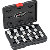 VIGOR Sada kloubových nástrčných klíčů ∙ V7513 ∙ 3/8 palce (10 mm) čtyřhran dutý ∙ Vnější dvojitý šestihran profil ∙ 10-dílný ∙ 10 – 19 mm ∙ Počet ks nářadí: 10