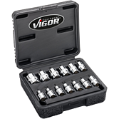 VIGOR Sada nástrčných hlavic s dvojitým šestihranem ∙ V7514/13 ∙ 1/4 palce (6,3 mm) čtyřhran dutý ∙ Vnější dvojitý šestihran profil ∙ 13-dílný ∙ 4 – 14 mm ∙ Počet ks nářadí: 13
