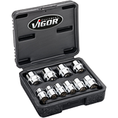 VIGOR Sada nástrčných hlavic s dvojitým šestihranem ∙ V7538/10 ∙ 3/8 palce (10 mm) čtyřhran dutý ∙ Vnější dvojitý šestihran profil ∙ 10-dílný ∙ 10 – 19 mm ∙ Počet ks nářadí: 10