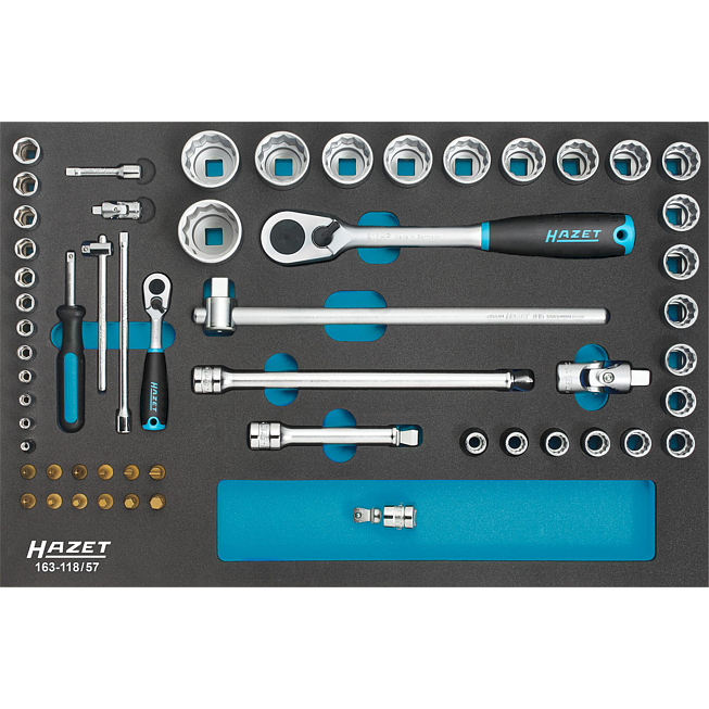 HAZET Sada nástrčných klíčů 163-118/57 ∙ 1/2 palce (12,5 mm) čtyřhran dutý, 1/4 palce (6,3 mm) čtyřhran dutý ∙ Profil vnitřní šestihran, Plochý profil, Křížový profil PH, Profil Pozidriv PZ, Trakční profil vnější šestihran ∙ 57-dílný ∙ 3 – 34 ∙ PH1 –