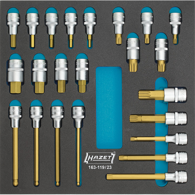 HAZET Sada n&aacute;strčn&yacute;ch hlavic 163-119/23 ∙ 1/2 palce (12,5 mm) čtyřhran dut&yacute; ∙ Profil vnitřn&iacute; &scaron;estihran, Vnitřn&iacute; ozuben&yacute; profil XZN ∙ 23-d&iacute;ln&yacute; ∙ 5&thinsp;&ndash;&thinsp;19 ∙ M8&thinsp;&ndash;&thinsp;M18