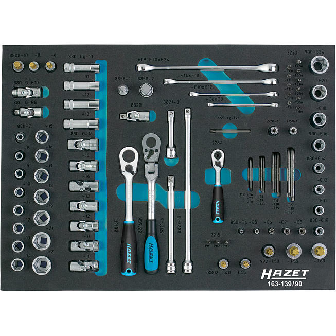 HAZET Sada nástrčných klíčů 163-139/90 ∙ 1/2 palce (12,5 mm) čtyřhran dutý, 3/8 palce (10 mm) čtyřhran dutý, 1/4 palce (6,3 mm) čtyřhran dutý, 1/4 palce (6,3 mm) šestihran masivní ∙ Vnější profil TORX®, Profil Tamper Resistant TORX®, Vnitřní profil T