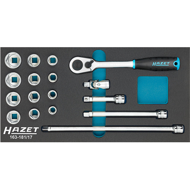 HAZET Sada nástrčných klíčů 163-181/17 ∙ 3/8 palce (10 mm) čtyřhran dutý ∙ Trakční profil vnější šestihran ∙ 17-dílný ∙ 10 – 22
