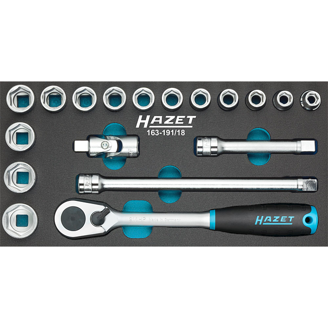 HAZET Sada nástrčných klíčů 163-191/18 ∙ 1/2 palce (12,5 mm) čtyřhran dutý ∙ Trakční profil vnější šestihran ∙ 18-dílný ∙ 10 – 27