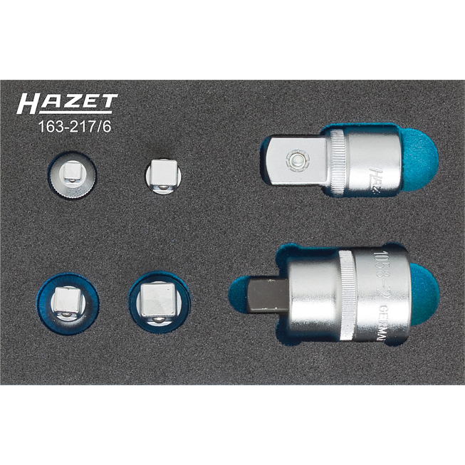 HAZET Sada adapt&eacute;rů 163-217/6 ∙ 1/4 palce (6,3 mm) čtyřhran dut&yacute;, 3/8 palce (10 mm) čtyřhran dut&yacute;, 1/2 palce (12,5 mm) čtyřhran dut&yacute;, 3/4 palce (20 mm) čtyřhran dut&yacute; ∙ 1/4 palce (6,3 mm) čtyřhran masivn&iacute;, 3/8 palce (10 mm) čtyřhran masivn&iacute;, 1/2 palce