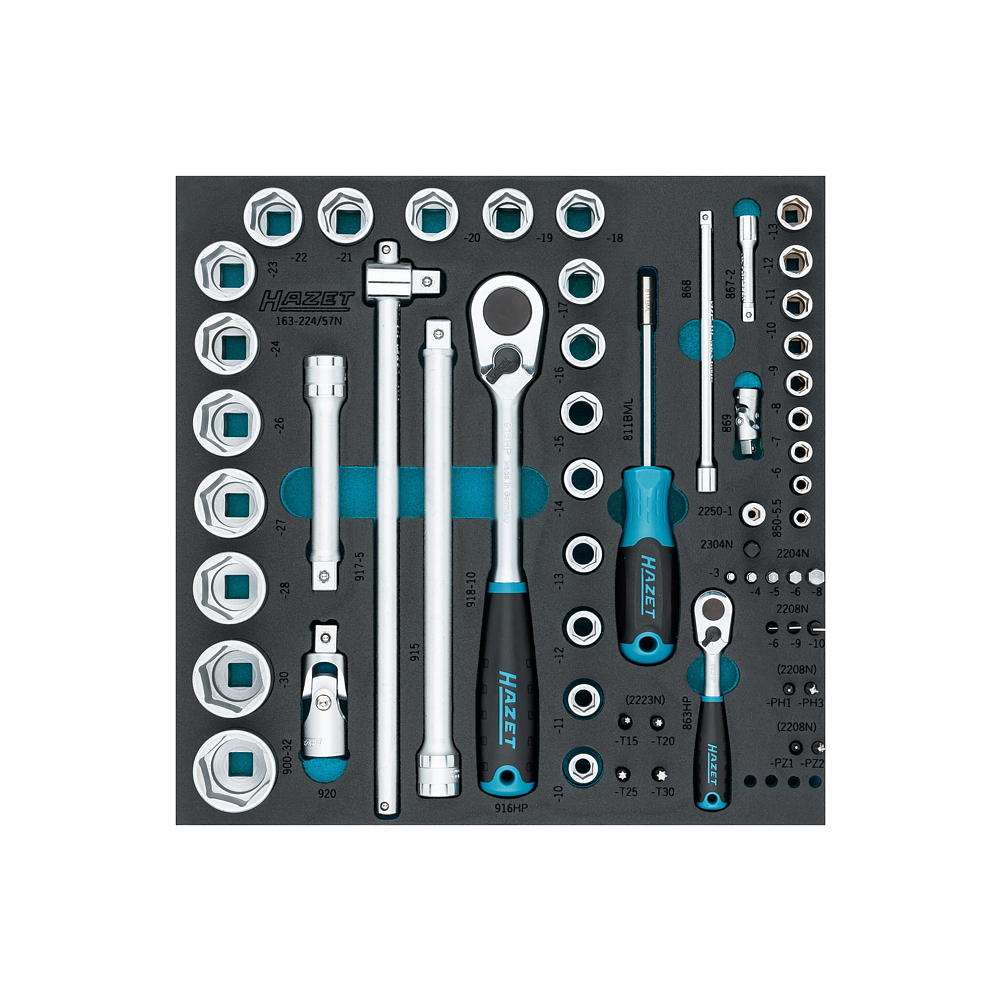 HAZET Sada n&aacute;strčn&yacute;ch kl&iacute;čů / &scaron;roubov&aacute;ků 163-224/57N ∙ 1/2 palce (12,5 mm) čtyřhran dut&yacute;, 1/4 palce (6,3 mm) čtyřhran dut&yacute;, 1/4 palce (6,3 mm) &scaron;estihran masivn&iacute; ∙ Profil Pozidriv PZ, Kř&iacute;žov&yacute; profil PH, Profil vnitřn&iacute; &scaron;estihran, Ploch&yacute; profil, Vnitřn&iacute;