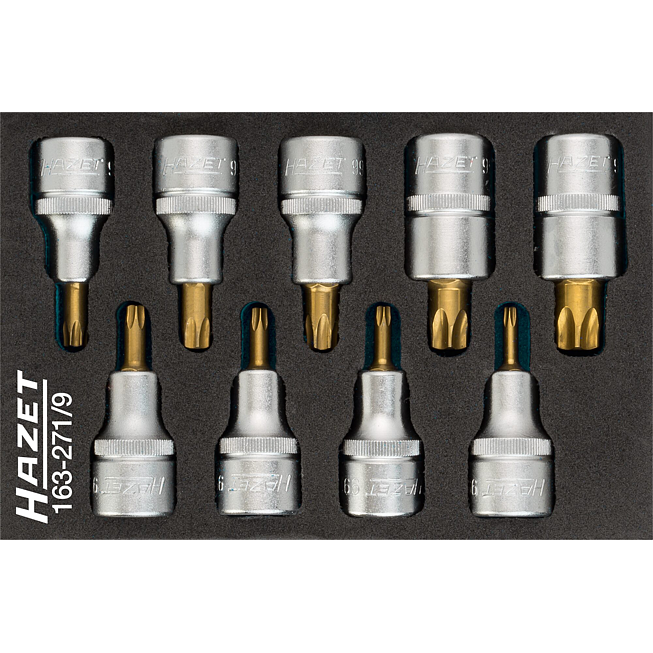 HAZET Sada nástrčných hlavic ∙ TORX® 163-271/9 ∙ 1/2 palce (12,5 mm) čtyřhran dutý ∙ Vnitřní profil TORX® ∙ 9-dílný ∙ T20 – T60