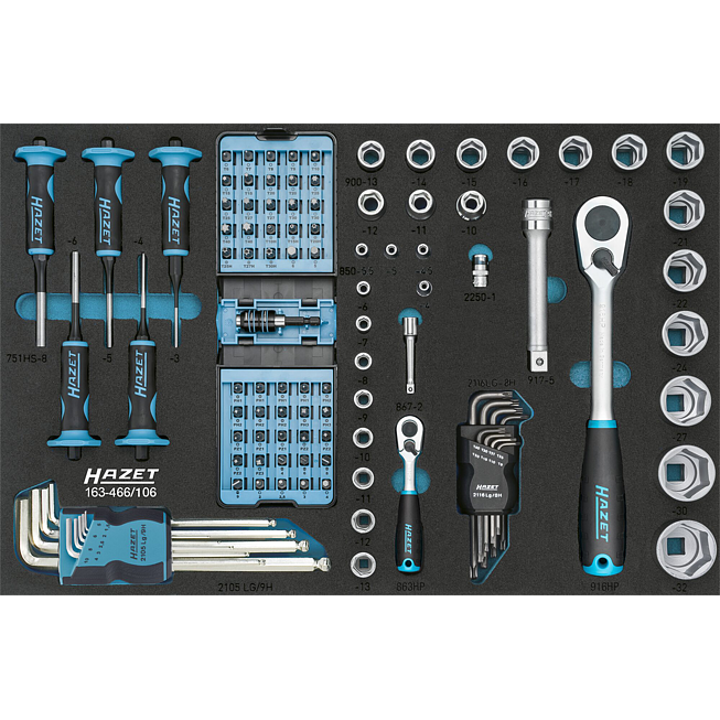 HAZET Sada nářadí 163-466/106 ∙ 1/4 palce (6,3 mm) čtyřhran dutý, 1/2 palce (12,5 mm) čtyřhran dutý, 1/4 palce (6,3 mm) šestihran masivní ∙ Trakční profil vnější šestihran, Profil vnitřní šestihran, Vnitřní profil TORX®, Profil Tamper Resistant TORX®