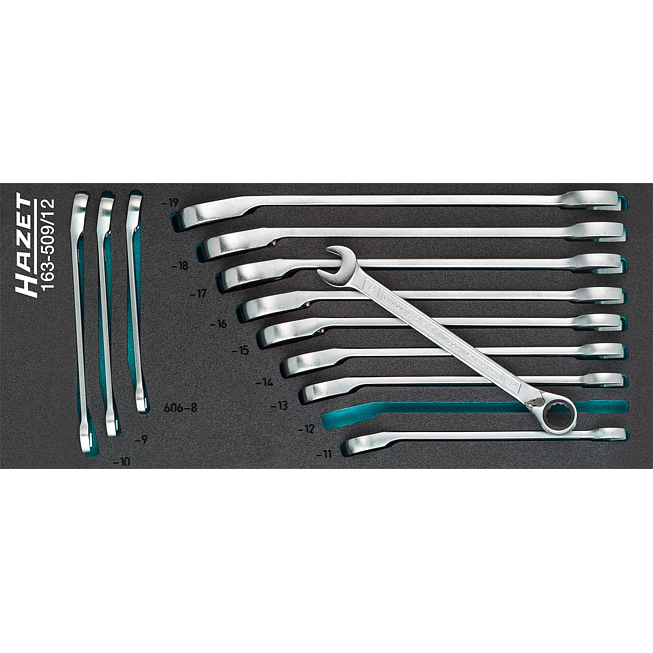 HAZET Sada r&aacute;čnov&yacute;ch očkoploch&yacute;ch kl&iacute;čů 163-509/12 ∙ Vněj&scaron;&iacute; dvojit&yacute; &scaron;estihran trakčn&iacute; profil ∙ 12-d&iacute;ln&yacute; ∙ 8 &ndash; 19