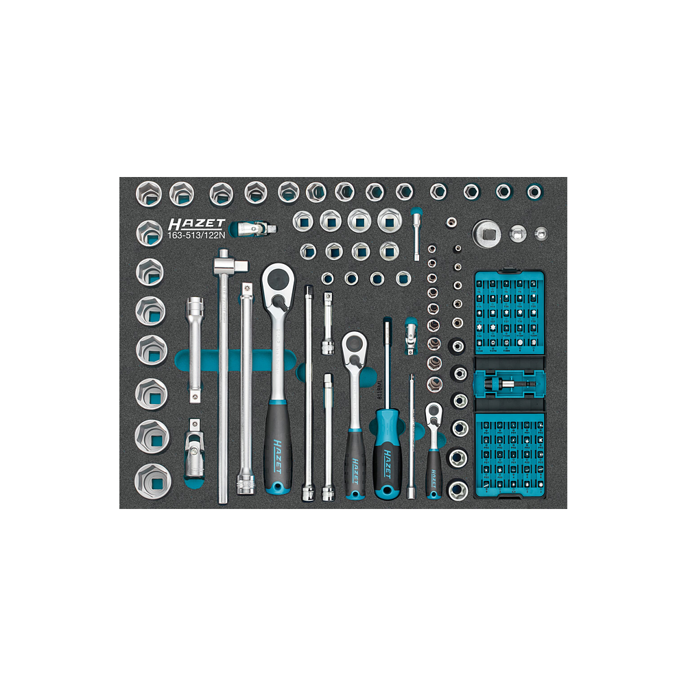 HAZET Sada nástrčných klíčů 163-513/122N ∙ 1/4 palce (6,3 mm) čtyřhran dutý, 3/8 palce (10 mm) čtyřhran dutý, 1/2 palce (12,5 mm) čtyřhran dutý, 1/4 palce (6,3 mm) šestihran masivní ∙ Trakční profil vnější šestihran, Vnější profil TORX®, Profil Tampe