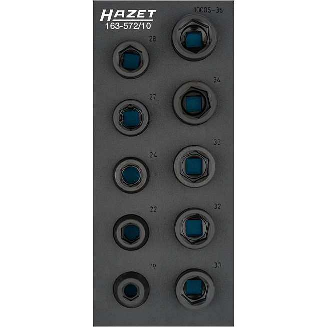 HAZET Sada nástrčných hlavic pro rázový, strojový utahovák 163-572/10 ∙ 3/4 palce (20 mm) čtyřhran dutý ∙ Profil vnější šestihran ∙ 10-dílný ∙ 19 ∙ 22 ∙ 24 ∙ 27 ∙ 28 ∙ 30 ∙ 32 ∙ 33 ∙ 34 ∙ 36