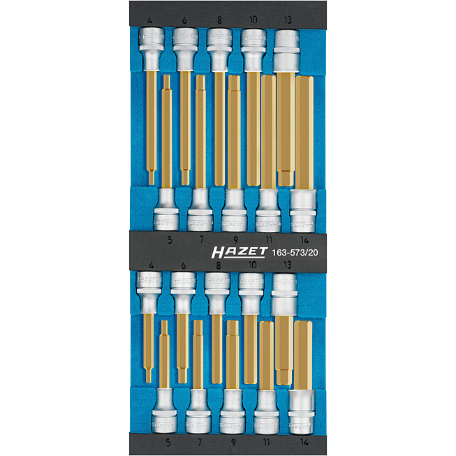 HAZET Sada n&aacute;strčn&yacute;ch hlavic 163-573/20 ∙ 1/2 palce (12,5 mm) čtyřhran dut&yacute; ∙ Profil vnitřn&iacute; &scaron;estihran ∙ 20-d&iacute;ln&yacute; ∙ 4&thinsp;&ndash;&thinsp;14