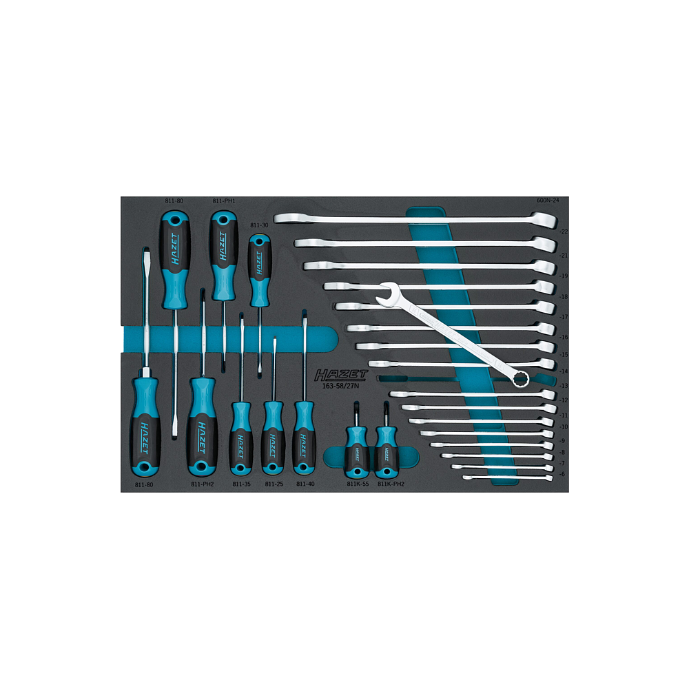 HAZET Sada nářadí ∙ očkoploché klíče ∙ šroubováky 163-58/27N ∙ Křížový profil PH, Plochý profil, Trakční profil vnější šestihran ∙ 27-dílný ∙ 6 – 24 ∙ PH1 – PH2