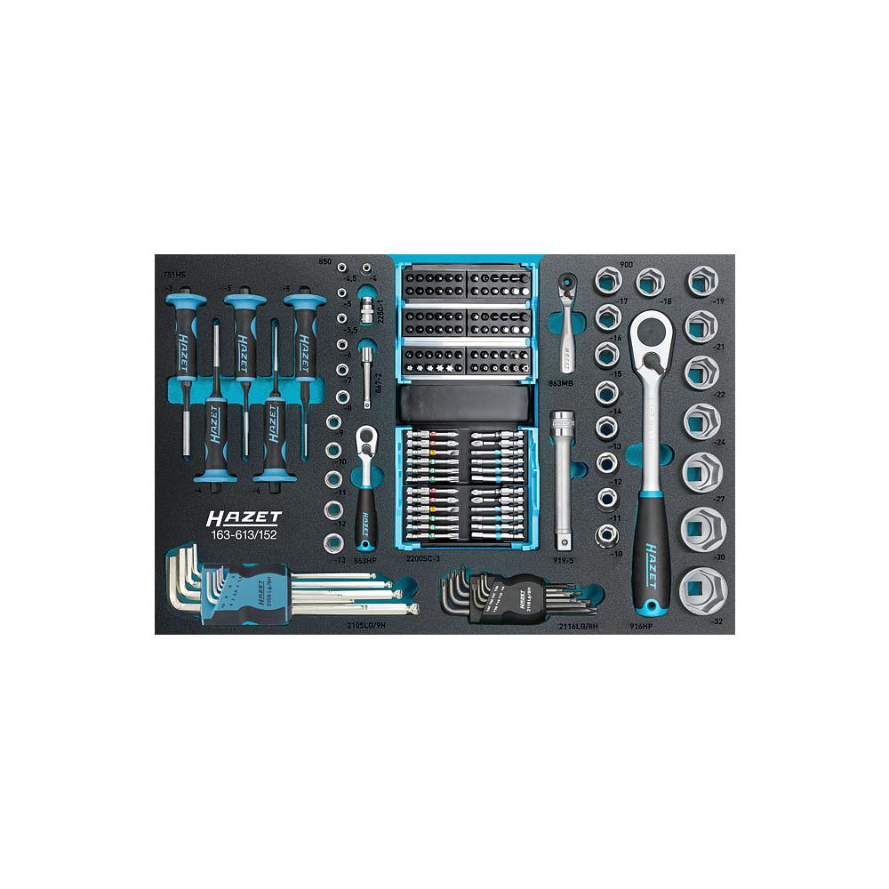 HAZET Sada nářadí 163-613/152 ∙ 1/4 palce (6,3 mm) čtyřhran dutý, 1/2 palce (12,5 mm) čtyřhran dutý, 1/4 palce (6,3 mm) šestihran masivní ∙ Trakční profil vnější šestihran, Křížový profil PH, Profil Pozidriv PZ, Plochý profil, Profil Tamper Resistant