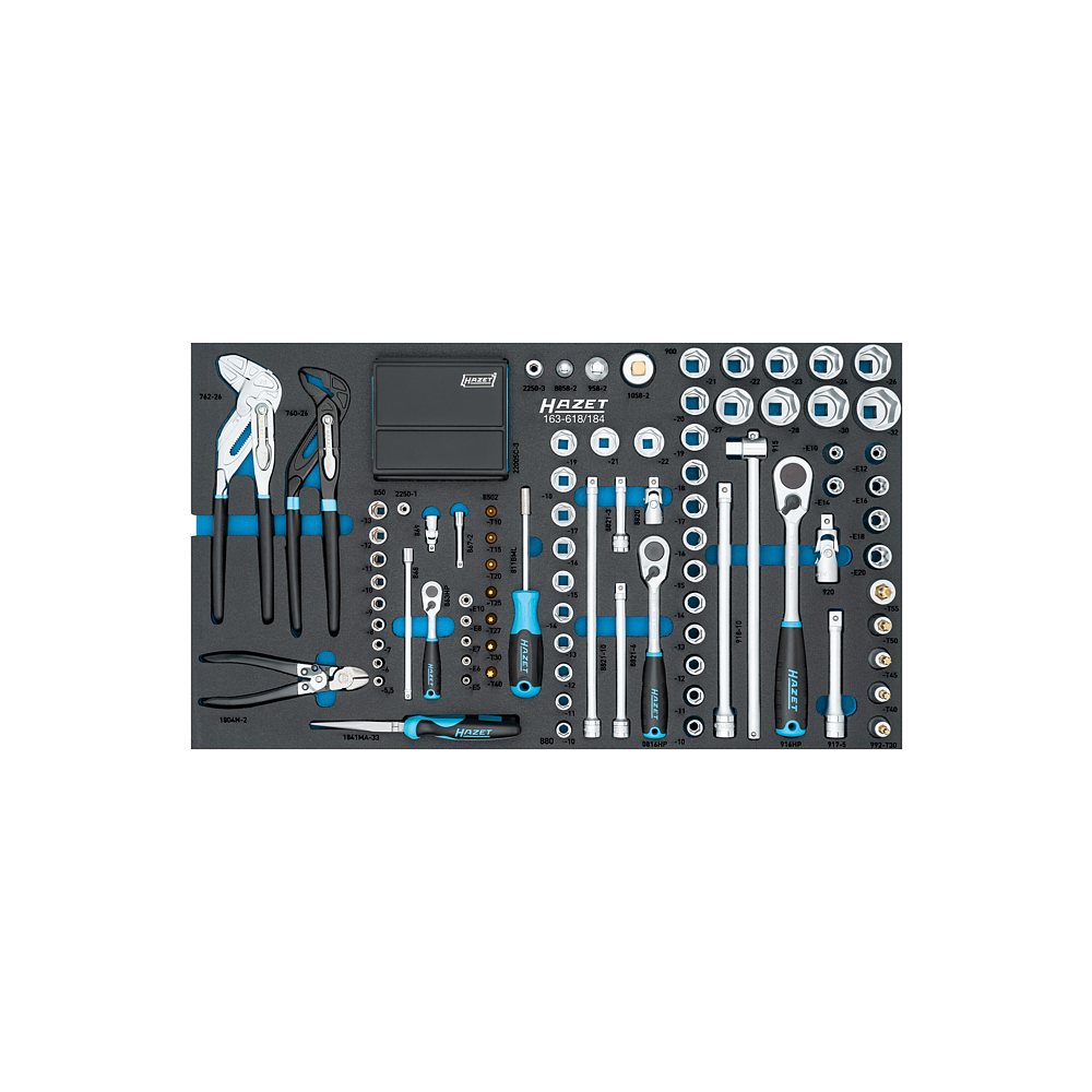 HAZET Sada nástrčných klíčů 163-618/184 ∙ 1/4 palce (6,3 mm) čtyřhran dutý, 3/8 palce (10 mm) čtyřhran dutý, 1/2 palce (12,5 mm) čtyřhran dutý, 1/4 palce (6,3 mm) šestihran masivní ∙ Trakční profil vnější šestihran, Vnější profil TORX®, Profil vnitřn