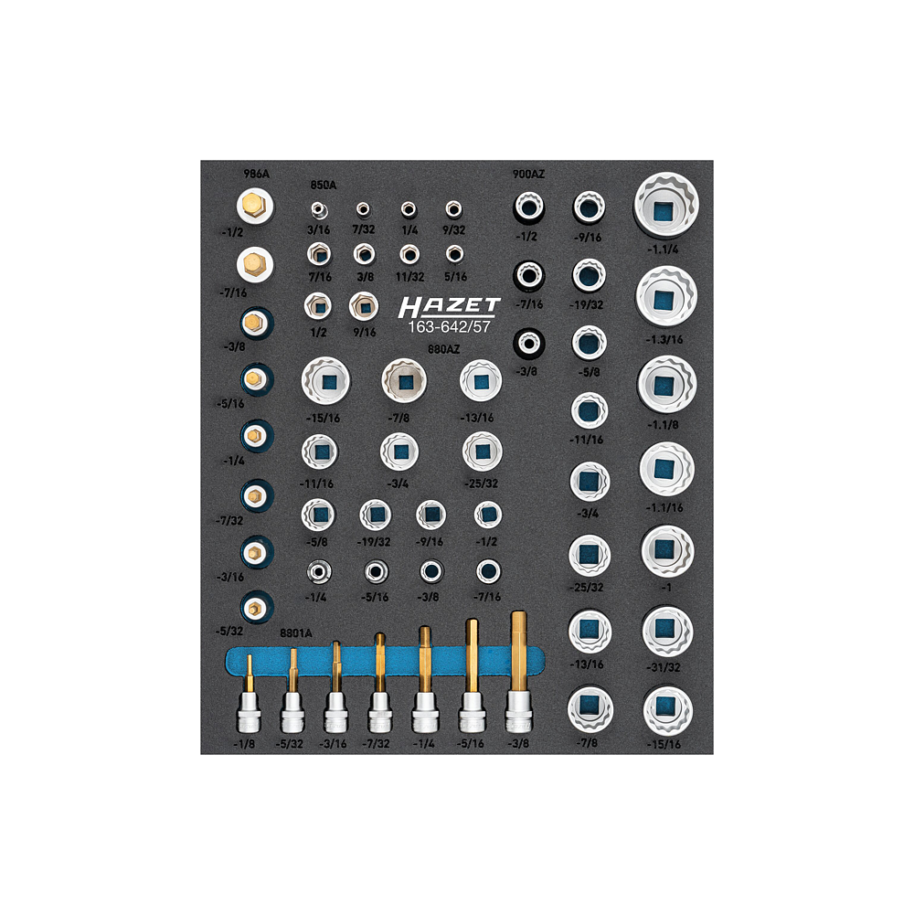 HAZET Sada nástrčných klíčů 163-642/57 ∙ 1/4 palce (6,3 mm) čtyřhran dutý, 3/8 palce (10 mm) čtyřhran dutý, 1/2 palce (12,5 mm) čtyřhran dutý ∙ Vnější dvojitý šestihran trakční profil, Profil vnitřní šestihran ∙ 57-dílný ∙ <sup>3</sup>⁄<sub>16</sub>″