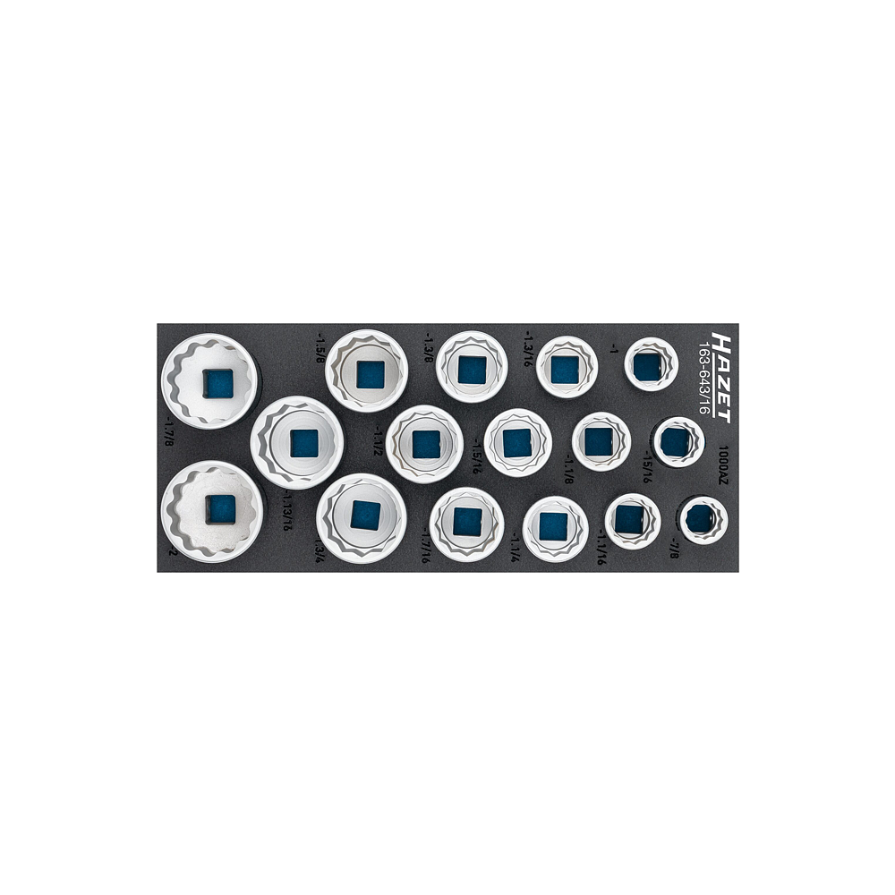 HAZET Sada n&aacute;strčn&yacute;ch kl&iacute;čů 163-643/16 ∙ 3/4 palce (20 mm) čtyřhran dut&yacute; ∙ Vněj&scaron;&iacute; dvojit&yacute; &scaron;estihran trakčn&iacute; profil ∙ 16-d&iacute;ln&yacute; ∙ <sup>7</sup>&frasl;<sub>8</sub>&Prime; &ndash; 2&Prime;