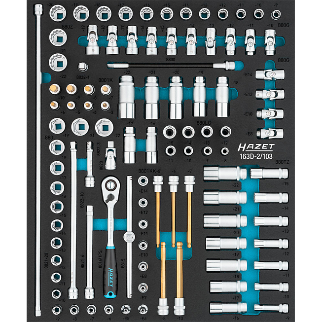 HAZET Sada nástrčných klíčů 163D-2/103 ∙ 3/8 palce (10 mm) čtyřhran dutý, 1/2 palce (12,5 mm) čtyřhran dutý ∙ Trakční profil vnější šestihran, Vnější profil TORX®, Profil vnitřní šestihran ∙ 103-dílný ∙ 3 – 22 ∙ E5 – E14