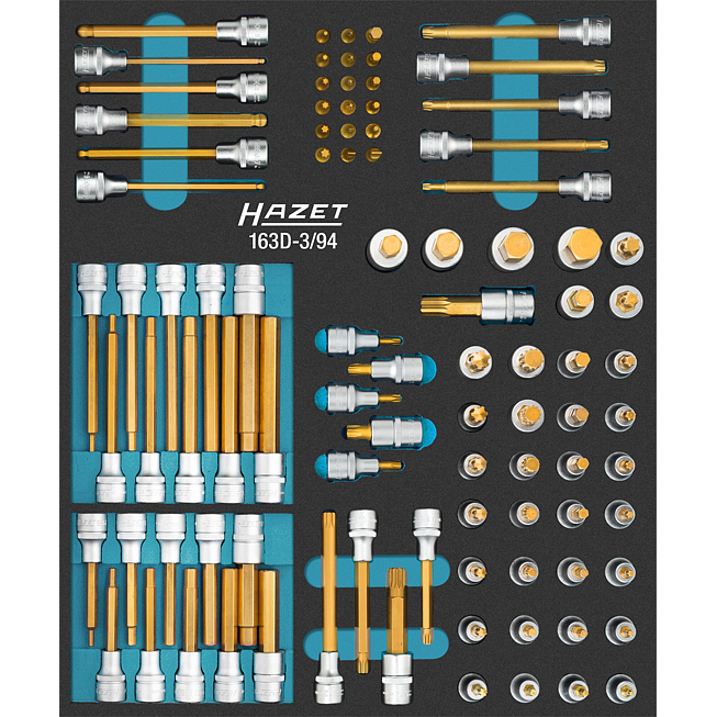 HAZET Sada n&aacute;strčn&yacute;ch hlavic 163D-3/94 ∙ 1/4 palce (6,3 mm) čtyřhran dut&yacute;, 1/2 palce (12,5 mm) čtyřhran dut&yacute; ∙ Profil vnitřn&iacute; &scaron;estihran, Vnitřn&iacute; profil TORX&reg;, Profil Tamper Resistant TORX&reg;, Vnitřn&iacute; dr&aacute;žkov&yacute; profil Ribe-CV, Vnitřn&iacute; ozuben&yacute; profil XZN,