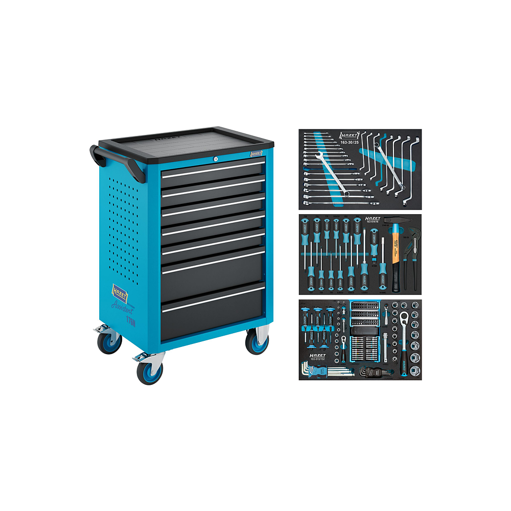 HAZET Dílenský vozík Asistent 176N-7 ∙ sortiment 176N-7/193 ∙ 193-dílný ∙ Zásuvky, nízké: 5× 81 x 522 x 348 mm ∙ Zásuvky, vysoké: 2× 166 x 522 x 348 mm