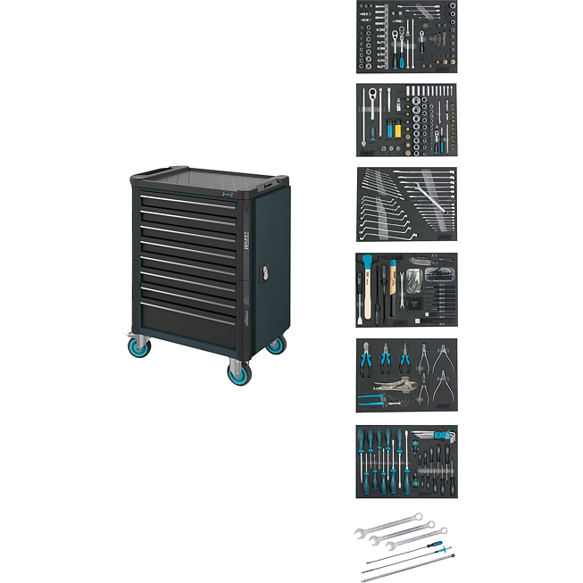 HAZET Dílenský vozík Asistent 179NT ∙ sortiment 179NT-8-RAL7016/2 ∙ 264-dílný ∙ Zásuvky, nízké: 7× 81 x 522 x 398 mm ∙ Zásuvky, vysoké: 1× 166 x 522 x 398 mm