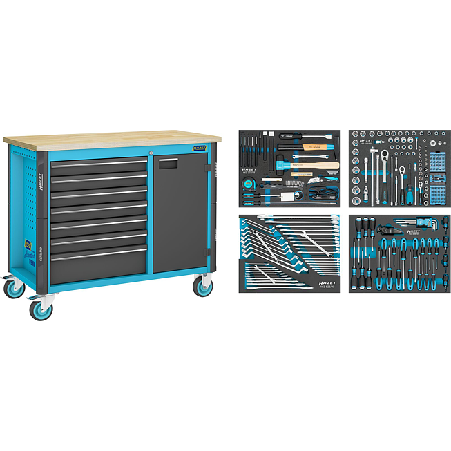 HAZET Pracovní stůl ∙ pojízdný Asistent 179NW ∙ sortiment 179NW-7/230 ∙ 230-dílný ∙ Zásuvky, nízké: 6 x 81 x 522 x 398 mm ∙ Zásuvky, vysoké: 1 x 166 x 522 x 398 mm