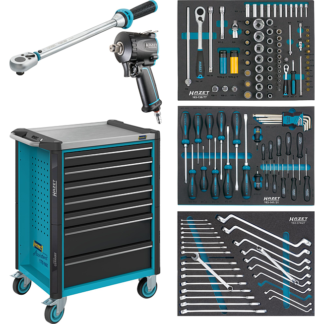 HAZET Dílenský vozík Asistent 179NX ∙ sortiment 179NX-7/137 ∙ 137-dílný ∙ Zásuvky, nízké: 5× 81 x 522 x 398 mm ∙ Zásuvky, vysoké: 2× 166 x 522 x 398 mm
