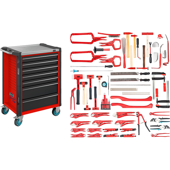 HAZET Dílenský vozík Asistent 179NX ∙ sortiment 179NX-7/65ALU ∙ 65-dílný ∙ Zásuvky, nízké: 5× 81 x 522 x 398 mm ∙ Zásuvky, vysoké: 2× 166 x 522 x 398 mm