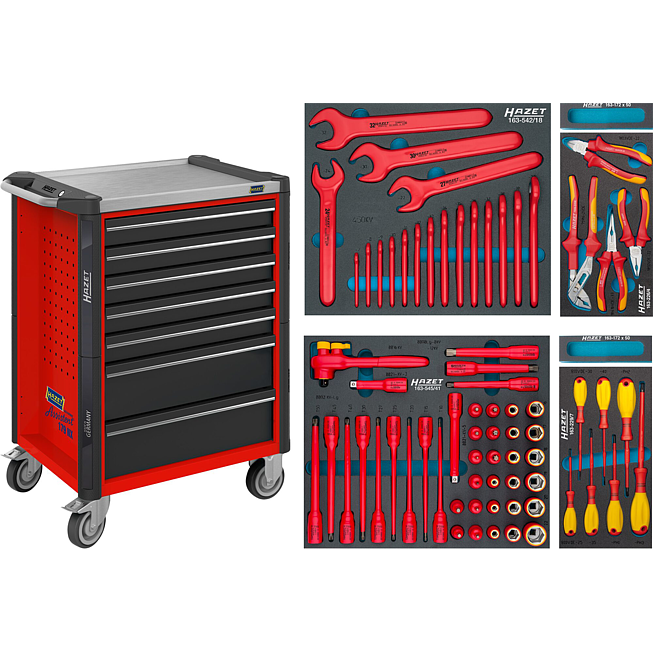 HAZET Dílenský vozík Asistent 179NX ∙ sortiment 179NX-7/70KV ∙ 70-dílný ∙ Zásuvky, nízké: 5× 81 x 522 x 398 mm ∙ Zásuvky, vysoké: 2× 166 x 522 x 398 mm