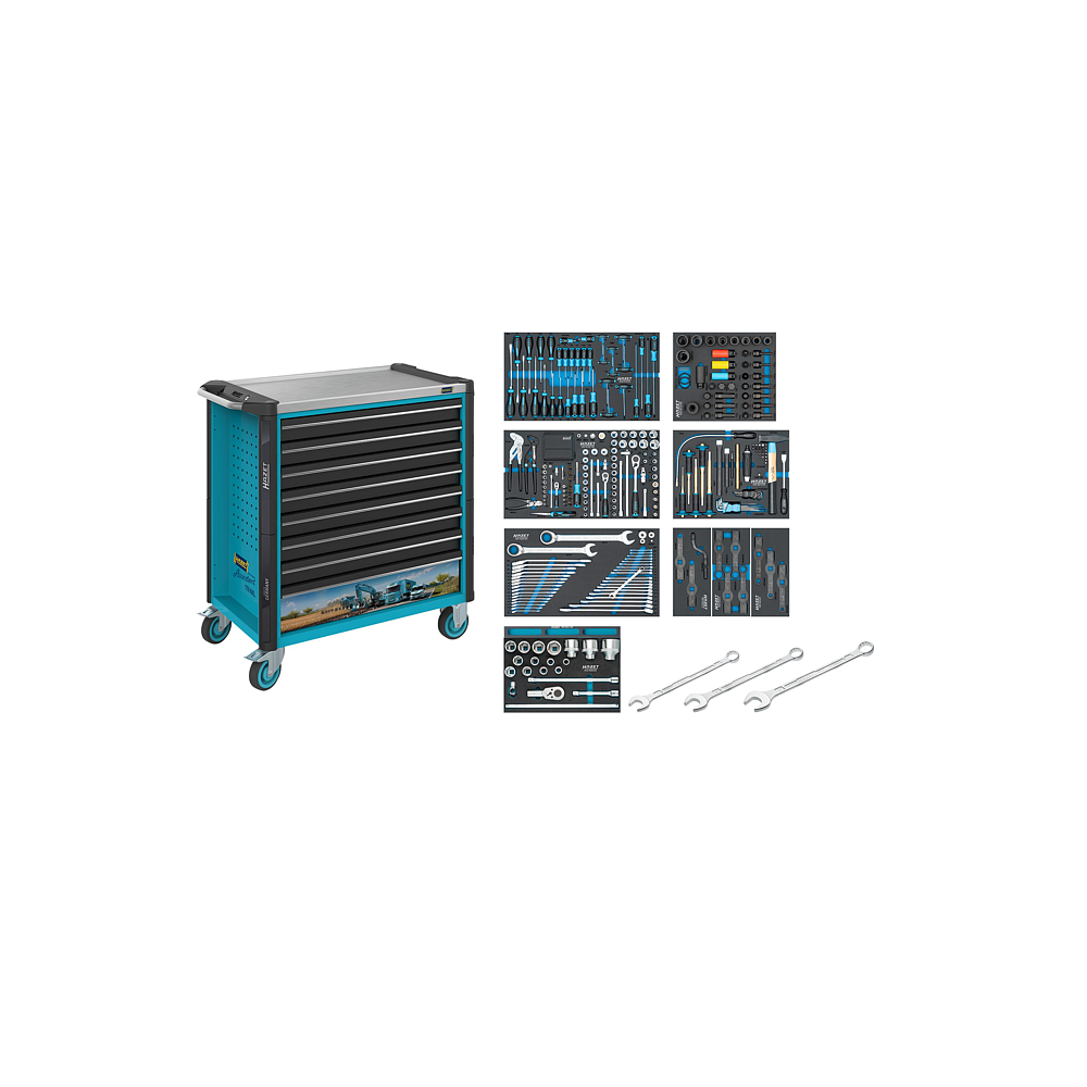 HAZET Dílenský vozík Asistent 179NXL ∙ sortiment 179NXL-8/388 ∙ 388-dílný ∙ Zásuvky, nízké: 7× 81 x 696 x 398 mm ∙ Zásuvky, vysoké: 1× 166 x 696 x 398 mm