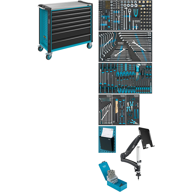 HAZET Dílenský vozík Asistent 179NXXL ∙ sortiment 179NXXL-7/342 ∙ 342-dílný ∙ Zásuvky, nízké: 5× 81 x 870 x 398 mm ∙ Zásuvky, vysoké: 2× 166 x 870 x 398 mm