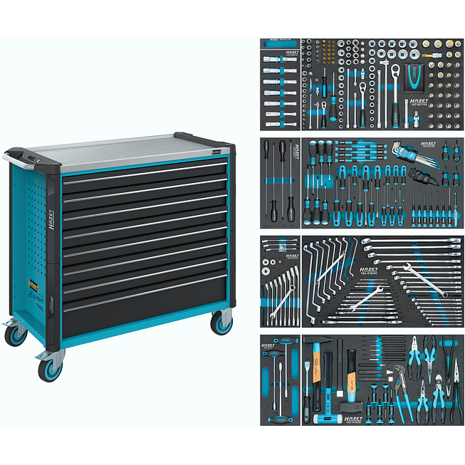 HAZET Dílenský vozík Asistent 179NXXL ∙ sortiment 179NXXL-8/378 ∙ 378-dílný ∙ Zásuvky, nízké: 7× 81 x 870 x 398 mm ∙ Zásuvky, vysoké: 1× 166 x 870 x 398 mm