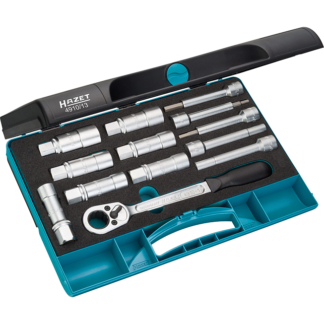 HAZET Sada n&aacute;řad&iacute; pro tlumiče p&eacute;rov&aacute;n&iacute; 4910/13 ∙ 1/2 palce (12,5 mm) čtyřhran dut&yacute; ∙ Profil vnitřn&iacute; &scaron;estihran, Dut&yacute; profil čepu, Profil vněj&scaron;&iacute; &scaron;estihran ∙ 13-d&iacute;ln&yacute;